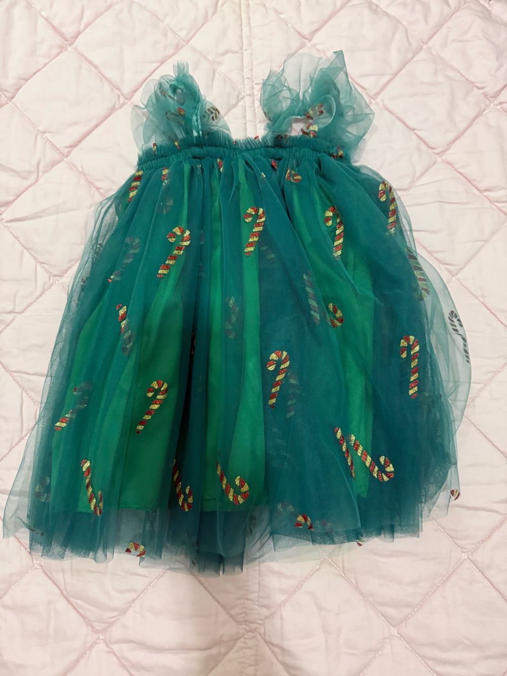 Amazon Girls' Teal Tulle Dress with Candy Cane Print